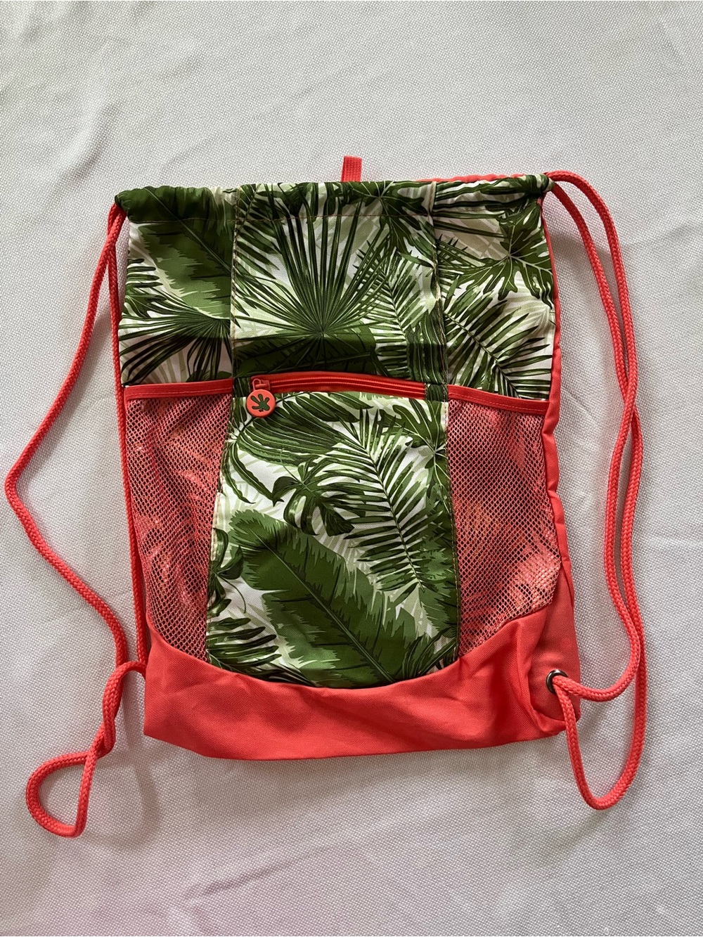 Tropical Palm Leaf Drawstring Backpack Coral Mesh Pockets Zip Pocket
